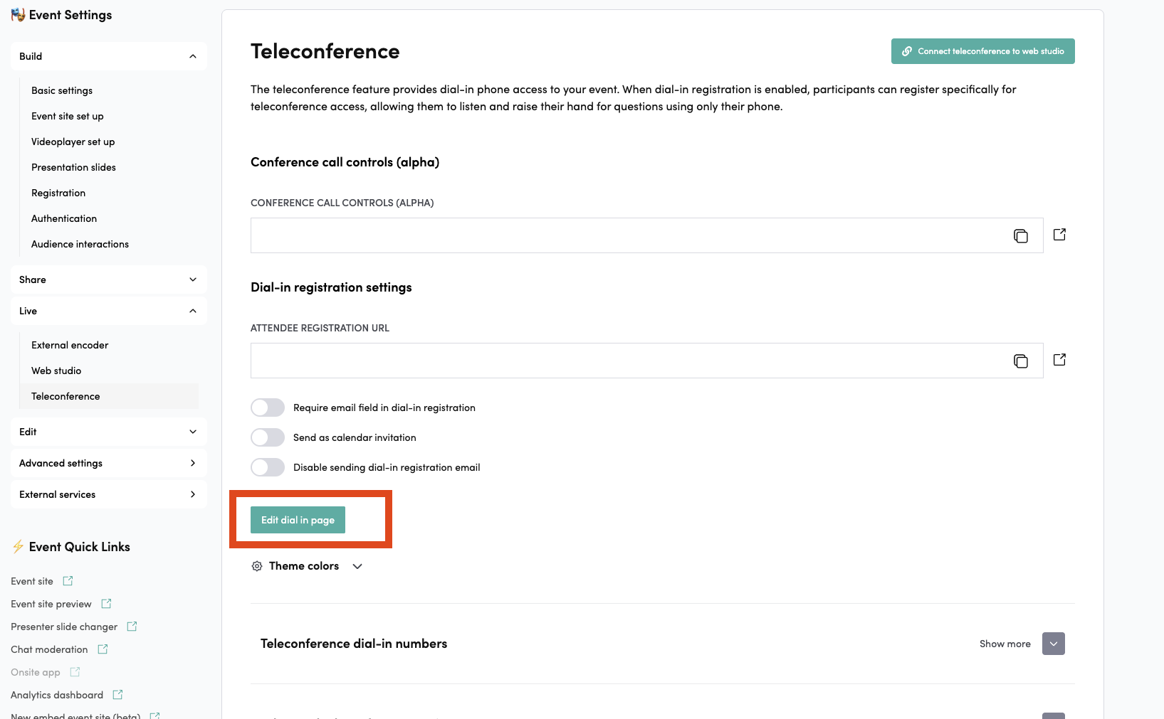 Edit Dial-in Page button in Conference Call settings
